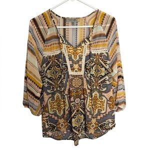 Figueroa & Flower Women's Bohemian Multi-print Peasant Top Sheer Size medium